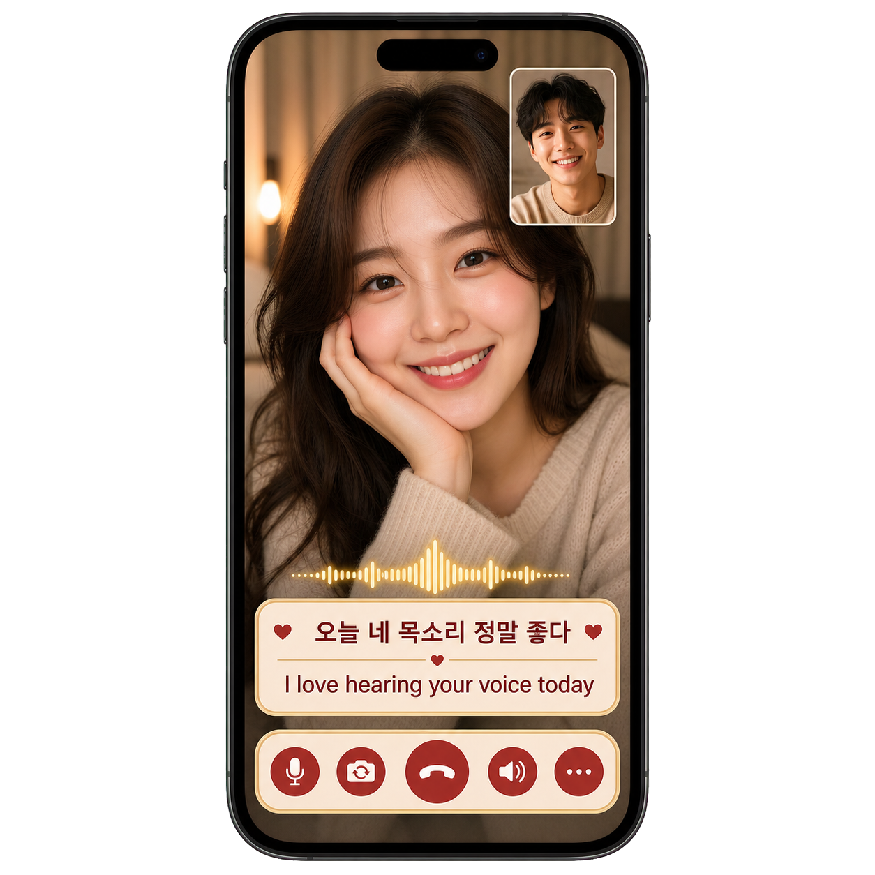 두 연인이 웃으며 화상 통화하고 실시간 한영 자막이 표시되는 Love Bridge 앱 화면